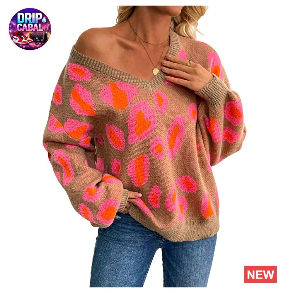 Leopard Print Knit Sweater V-Neck Long Sleeve Pullover Casual Fall Outfit
